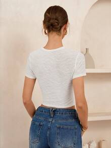 Lymera 百搭提花褶裥圆领短袖不对称下摆T恤，春夏款 - 杏色 - 查看 2