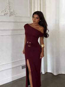 Aloruh Women's Solid Color Asymmetric Neckline High Slit Dress,Summer Dresses For Women - Black - View 4