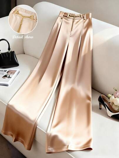 GlowEve Women's Solid Satin Metal Buckle Decor Elastic Waist Wide Leg Pants, Charming & Elegant For Daily, Vacation, Commute, Fashion Date, French Street Style, Retro Versatile, Spring/Summer New Champagne Color Trousers