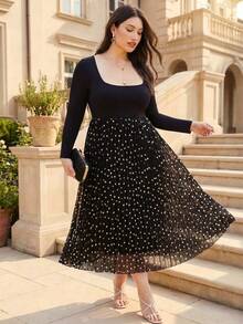 ELLERISSA Plus Size Elegant Polka Dot Print Pleated Midi Dress For Women, Soft Fitted Top Long Sleeves And Pleated Skirt, Dress For Office Wear Or Commuting, Formal Dress, Date Night Dress, Autumn/Winter Women Dress - Multicolor - View 1