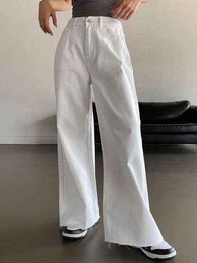 DAZY 實色寬腿牛仔褲,斜口袋和磨損邊緣,適合四季穿著