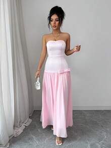 Elenzga Women's Elegant Strapless Bow Decor Satin & Chiffon Patchwork Fitted Midi Dress, Fashionable Ladylike Attire For Dates And Parties, Light Pink - Baby Pink - View 3