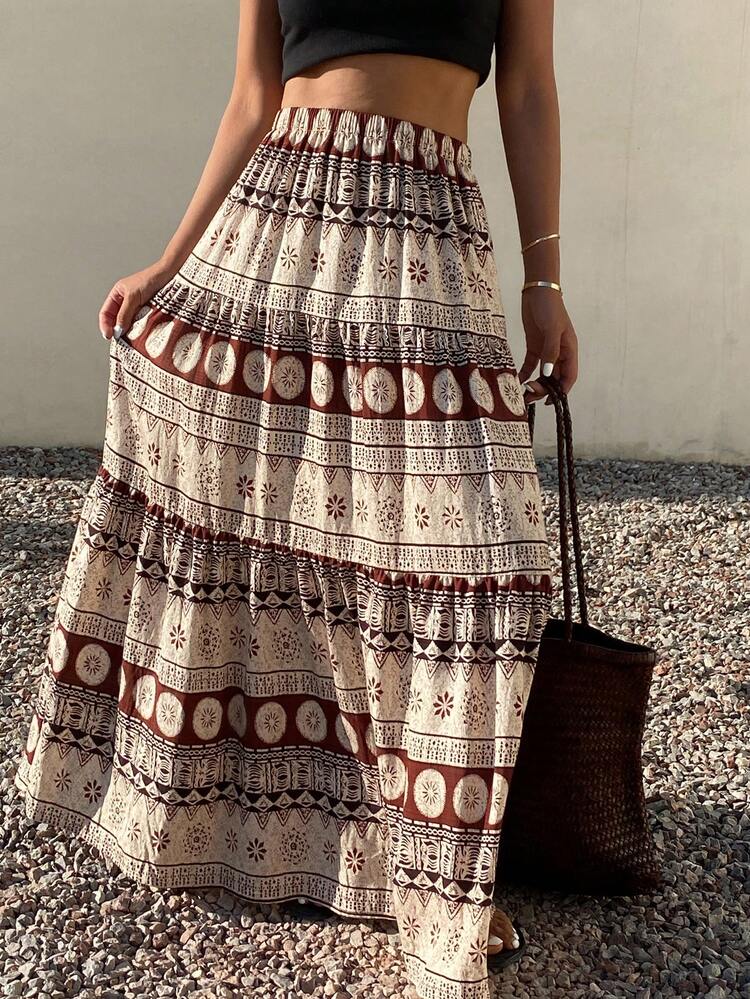 All-Over Print Elastic Waist Skirt, Casual Vacation Summer Skirt For Women