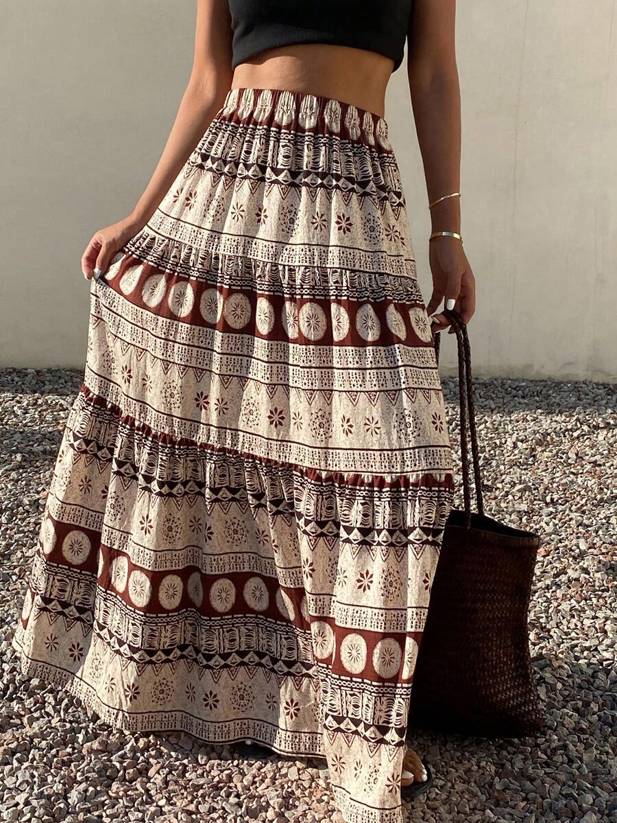 DAZY All-Over Print Elastic Waist Skirt, Casual Vacation Summer Skirt For Women - Brown - View 1