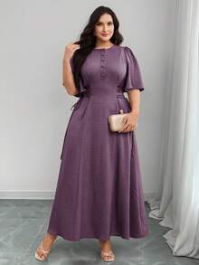 Modelyn Đầm dự tiệc thanh lịch cổ tròn xếp ly thắt eo màu trơn dành cho nữ cỡ lớn - Màu tím - Xem 7
