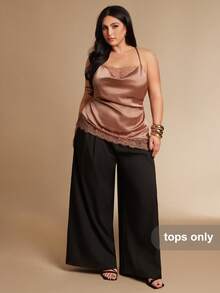 SHEIN BAE Regata Elegante de Cor Sólida com Renda Assimétrica em Contraste, Plus Size - Champanhe - Visão 5