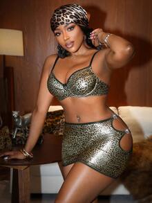 Leopard Print Sexy Lingerie Set For Women, Includes Sexy Bra, Thong, And Mini Skirt - Multicolor - View 2