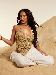 Silquee Summer Backless Sexy Sparkly Beaded Crochet Camisole, Vacation Camisole, Sexy Tank Top, Sequined Tank Top, V-Neck Sexy Tank Top, Sexy Hollow-Out Sequined Tie-Up Camisole Beach Cover-Up Knit Top. - Gold - View 8