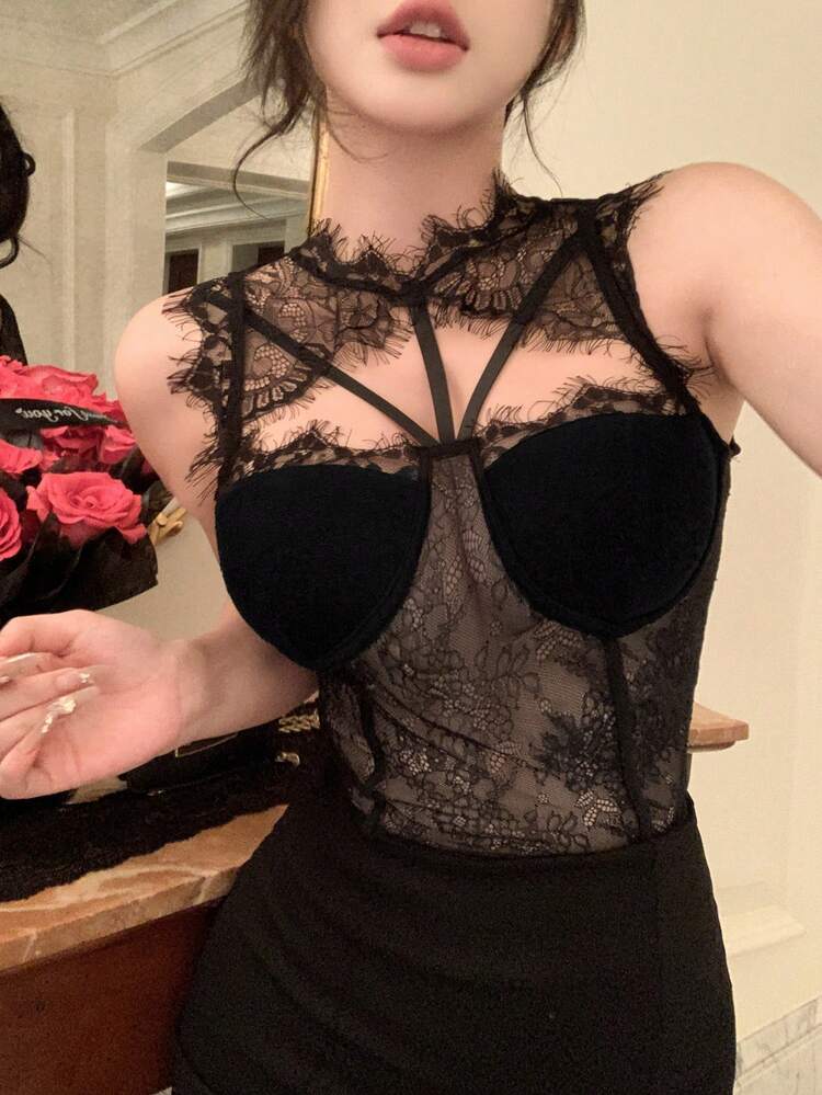 DAZY Blusa de encaje negro con diseño calado de flores, top corto, elegante para el Día de San Valentín, boda, fiesta, ocasión formal, ajuste ceñido, camiseta de malla transparente para mujer - Negro - Añade 6