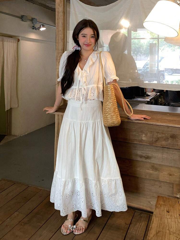 Women's Casual Solid Color Ruffle Tie Shirt And Skirt 2-Piece Set, Spring/Summer