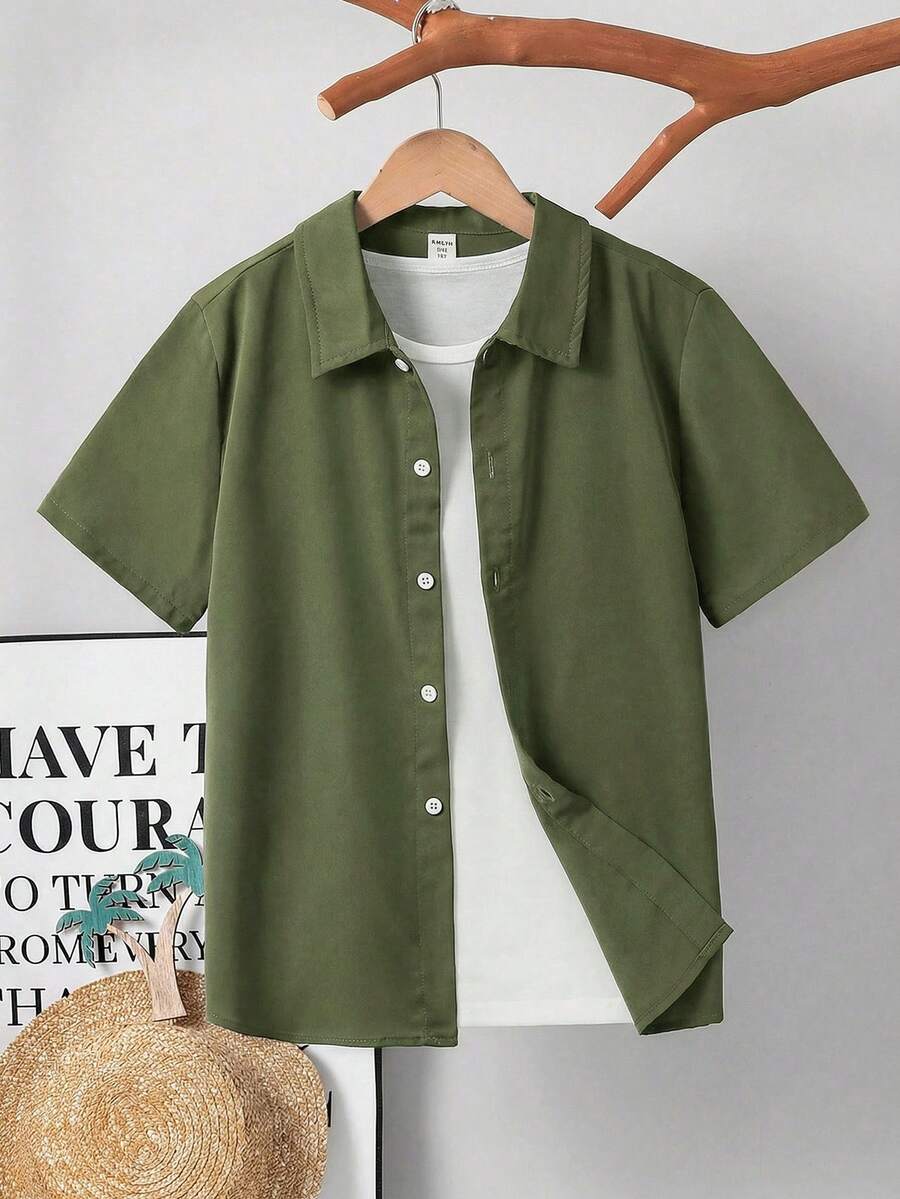 SHEIN 男童休闲舒适撞色短袖衬衫 - 軍綠色 - 查看 1