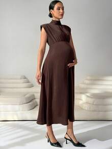MaterniWear 优雅纯色立领孕妇连衣裙，适合夏季穿着 - 咖啡 - 查看 4