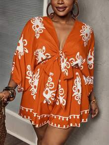 Slaydiva 大码度假休闲V领系带宽松印花女式连体衣 - 亮橙色 - 查看 4