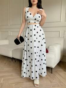 Celisse 女士波点图案露脐无袖上衣和半裙两件套 - 黑與白 - 查看 4