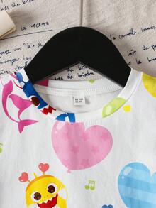 BABY SHARK X SHEIN Young Girls Cute Cartoon All-Over Print Short Sleeve T-Shirt - White - View 3