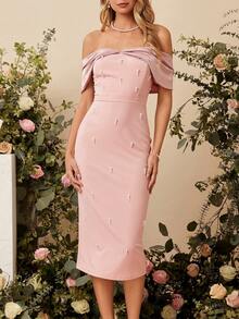 Amorya Elegant Women's Dusty Pink Summer Wedding Guest Dress,Off Shoulder Pearl Midi Pencil Formal Party Dress,Wedding Ninang,Satin Sleeve Knit Patchwork - Pink - View 7