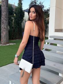 Maca Silvats 女士夏季挂脖系带腰部荷叶边迷你连衣裙 - 藏蓝色 - 查看 2