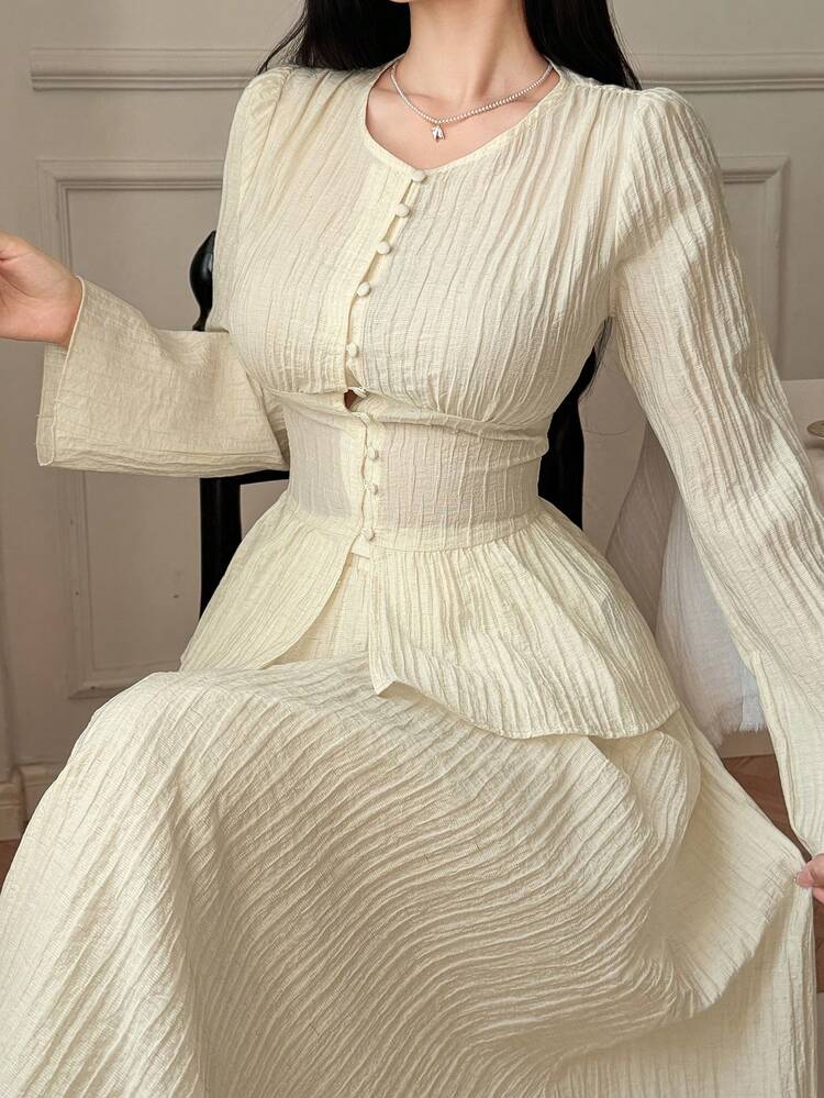 Women's Summer Vacation Round Neck Petal Sleeve Crop Top And Casual Long Skirt 2 Pieces Set