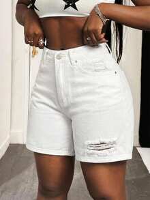 Slaydiva Casual Solid Color Distressed Multi-Pocket Denim Shorts - White - View 3