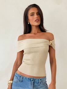 Aloruh Top de punto elegante beige para mujer para salir de noche en verano,Suéter acanalado asimétrico con hombro descubierto y decoración metálica,Pullover vintage ceñido, Streetwear - Albaricoque - Ver 10