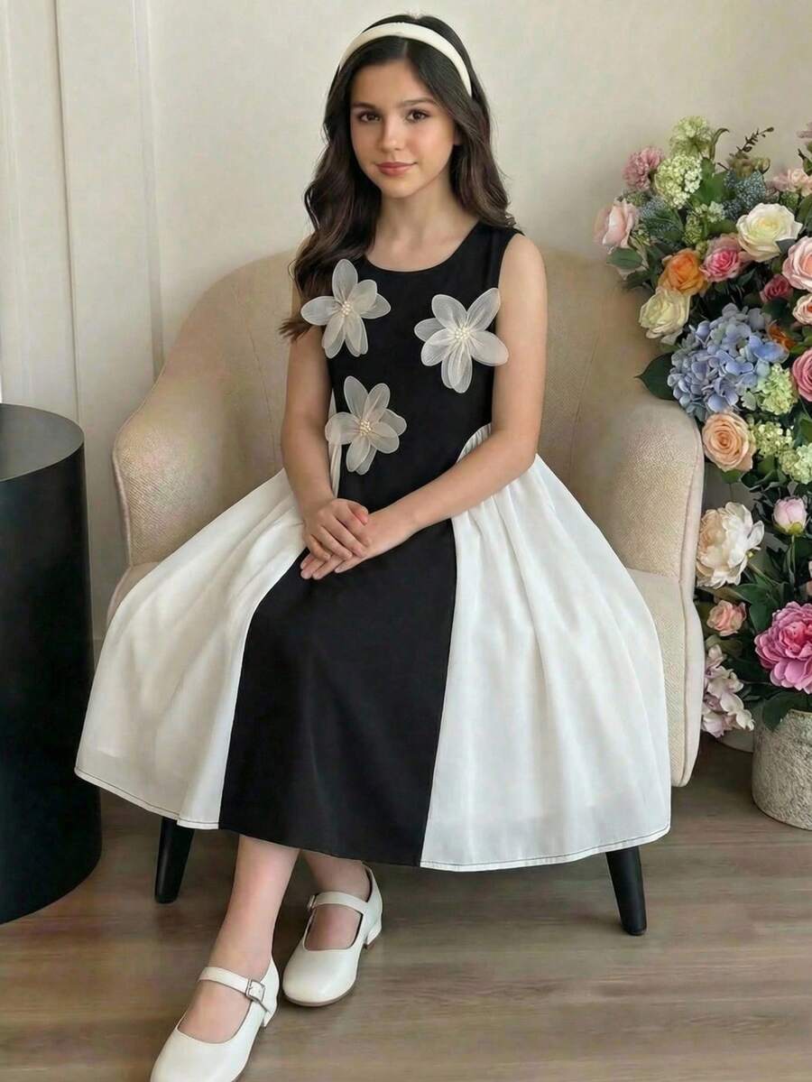 Girls' Elegant Black & White Sleeveless Dress,3D Floral Decor Round Neck Pleated Skirt,Summer Cute Modest Wedding Princess Style For Daily Wear - Black and White - View 1