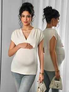 SHEIN 优雅白色V领修身孕妇T恤，简约设计 - 杏色 - 查看 4