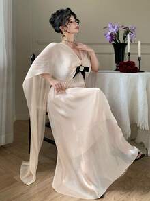 DAZY Pink And Black,Summer,Elegant,Party White Shiny Shawl-Style Bow Decor Dress,Suitable For Valentine's Day,Wedding,Formal Occasion,Fashion Event Dress - Pink - View 5