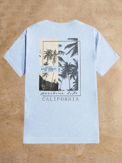 HIMLAND Women's Round Neck Landscape & Letter Print Casual Versatile Daily Wear Short Sleeve T-Shirt Baby Blue Graphic Tee Men Light Blue Graphic Tees Mens Tshirts Sicily California Shirt California 23 Men T Shirt Set Beach T Shirt La T Shirt Mens Graphic Tees Mens Tee Shirts California T Shirt California Tshirt Aloha Tshirt