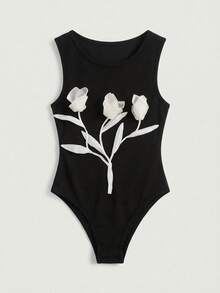 Lumivelle Women's Fashion Front Center 3D Floral Bodysuit Flower Bodysuit Black Bodysuit Mesh Flower - Black - View 10