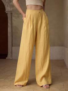 MOTF PREMIUM WOMEN'S 100% LINEN YELLOW SUIT PANTS, SUITABLE FOR DAILY, DATING, AND COMMUTING, SPRING/SUMMER - Yellow - View 6