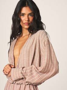 MISSGUIDED Striped Wrap Mini Dress With V-Neck Long Sleeves Casual Tie Detail Fall Winter - Coffee - View 4