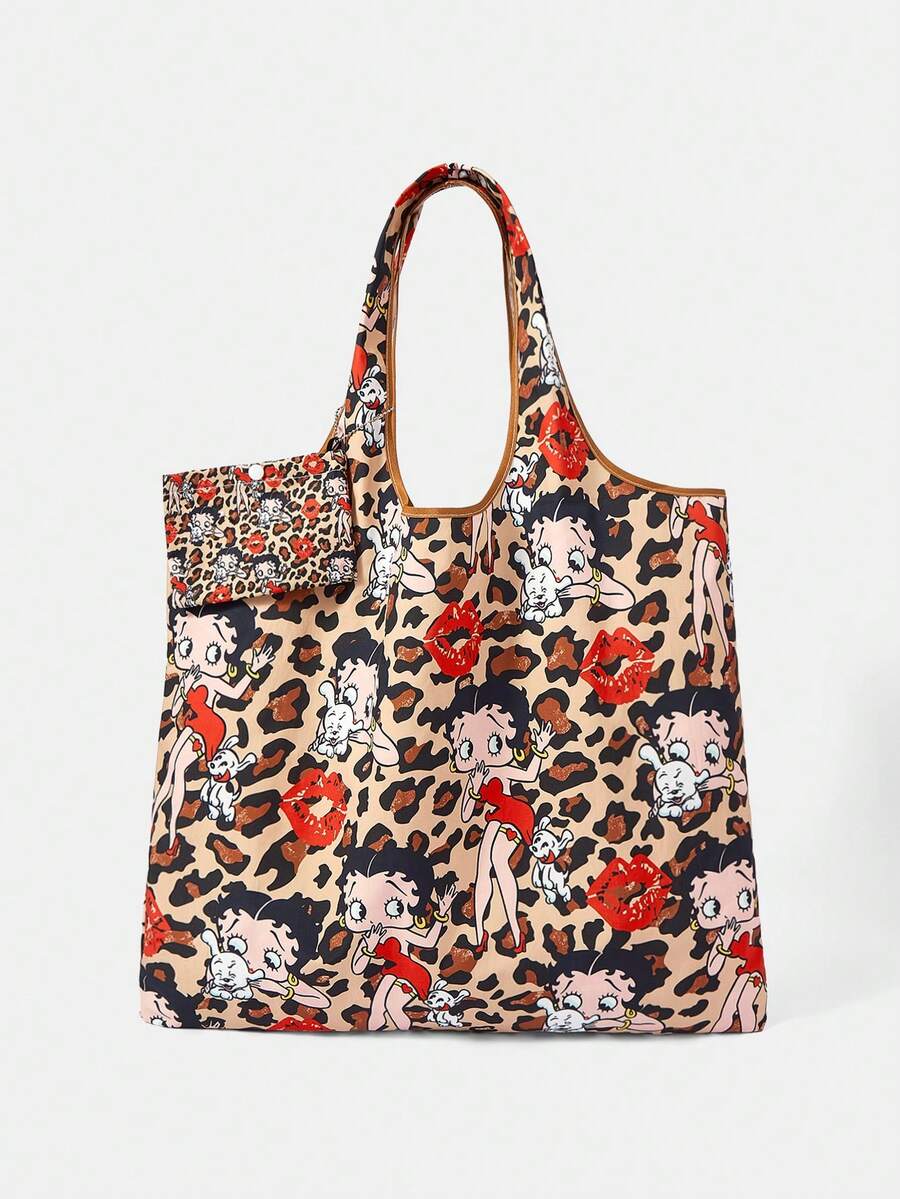 Betty Boop x SHEIN 1 pieza, bolsa de compras plegable con estampado de leopardo y labios rojos, bolsa de tela impermeable de gran capacidad. - Multicolor 3 - Ver 1