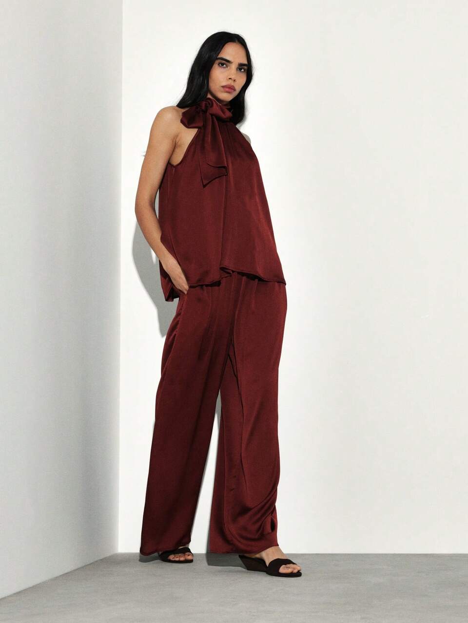 KSTM Burgundy Halter Neck Bow Tie Tank Top Sleeveless Blouse For Date Night Evening Casual Chic