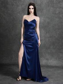 Glisette 女士亮片装饰缎面抹胸高开衩连衣裙 - 藏蓝色 - 查看 4