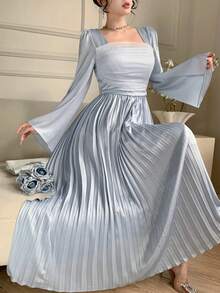 DAZY Women's Elegant Party Solid Color Flared Sleeve Pleated Dress Sundress - Baby Blue - View 1