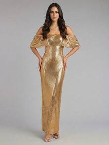 Anewsta 优雅亮片装饰露肩连衣裙，精致都市成熟女士高端金属金色亮片装饰修身长裙 - 金色 - 查看 5