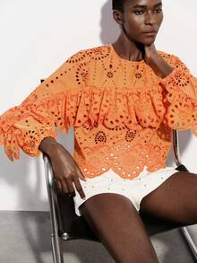 Aveloria Modichic Bright Orange Hollow Embroidered Blouse, Laser Cut Craftsmanship, Vibrant Orange Tone, Bohemian Style, Round Neck Layered Ruffle Trim, Long Sleeve With Elastic Cuffs, 3D Floral Embroidery Elements, Sheer Lightweight Fabric, Fitted Cropped Silhouette, Suitable For Spring/Summer Outdoor Music Festivals, Vacations, Art Exhibitions And Fashion Parties, Highlighting Lively And Unique Personalized, With Visual Impact And Comfort - Orange - View 6