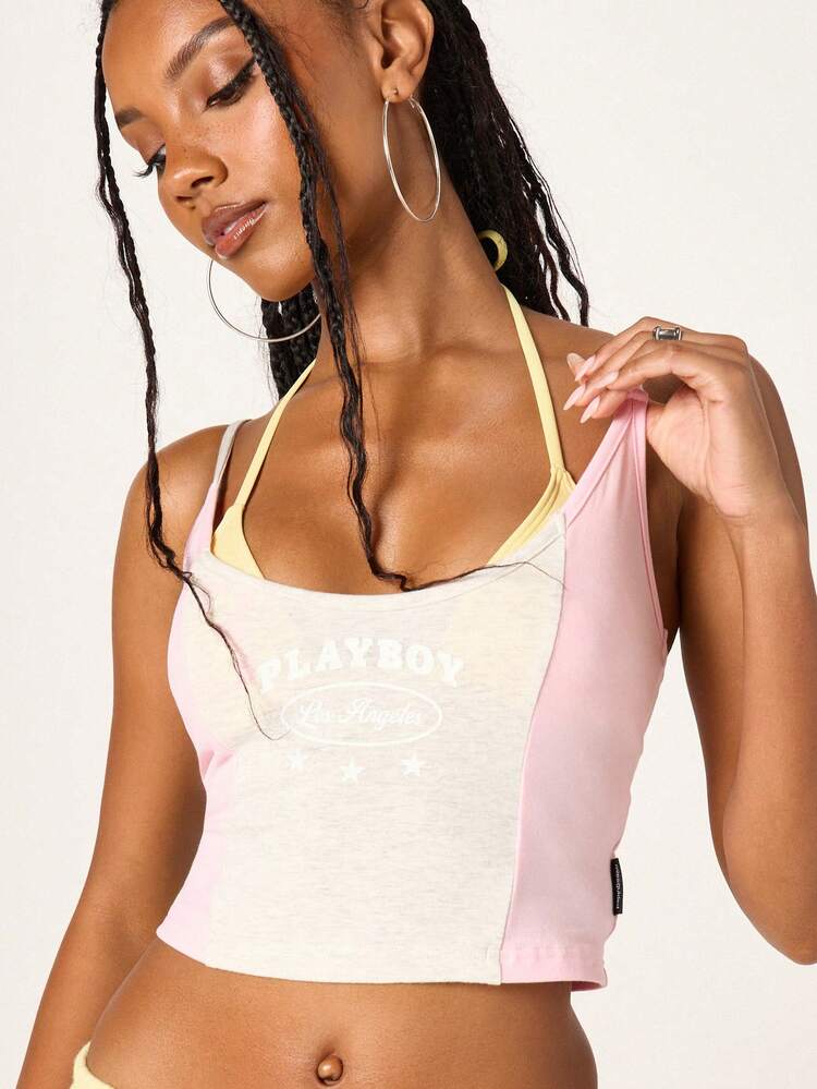 Missguided x Playboy 대비 패널 캐미솔 탱크탑 컬러블록 스파게티 스트랩 민소매 여름 캐주얼 캐미 빈티지 Y2K 스타일 크롭탑