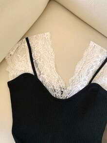 GlowEve Women's Elegant Contrast Lace Slim Fit T-Shirt For Daily Commute, Summer - Black - View 4