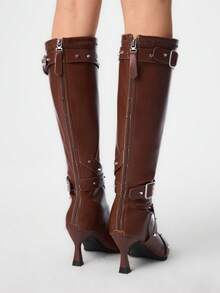 ROMWE Grunge Punk Botas de tacón alto hasta la pantorrilla con hebilla, de moda para mujer - Marrón - Ver 5