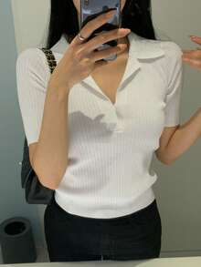 DAZY Damen Einfarbiges Slim Fit Kurzarm Poloshirt Leichter Lässig Sommer Strick Top - Weiss - Übersicht 6