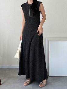 FRIFUL Women's Round Neck Metal Zipper Decorated Waist A-Line Long Dress Sundress Summer - Dark Grey - View 6