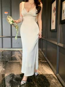 DAZY Damen einfarbiges minimalistisches Casual Maxikleid Sommerkleider für Frauen - Aprikosenfarben - Übersicht 7