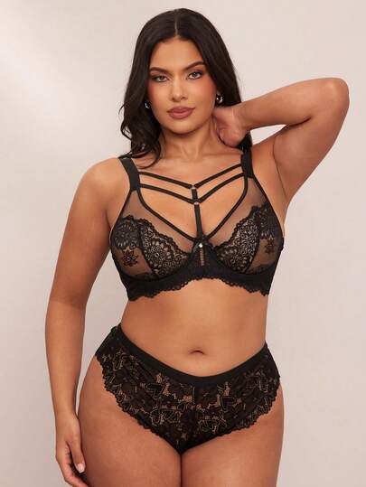 SHEIN BAE 1pc Plus Size Lace Contrast Mesh Underwire Lingerie Bra
