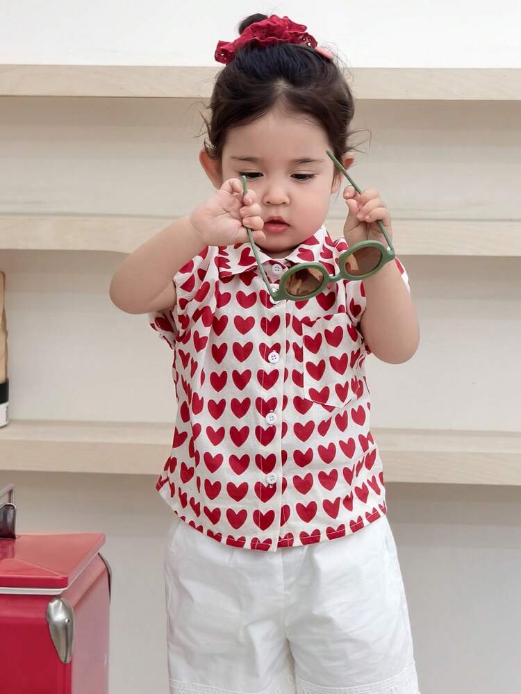 Baby Girls' Heart Print Short Sleeve Top, Korean Style Summer