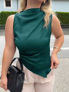 Jeta Ari 女士简约优雅时尚办公室套装 白色无袖褶皱领尖下摆缎面衬衫 - 墨綠色 - 查看 3