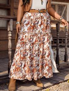 LanaWest CURVE Plus Size Women's Vintage Print Asymmetric Ruffle Hem Skirt, Suitable For Vacation, Music Festival, Western Boho Style - Multicolor - View 5