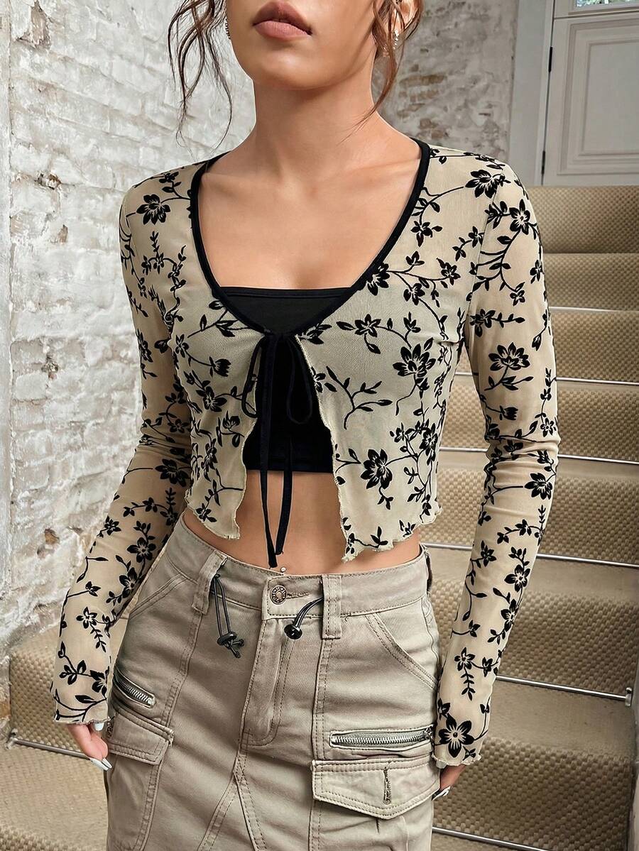 SHEIN EZwear 春夏新款针织网眼女式休闲植绒印花开衫上衣牛仔上衣女式上衣性感系带上衣长袖露脐上衣女式露脐上衣印花露脐上衣流行女式上衣蝴蝶结上衣女式性感上衣印花上衣夏季女式薄纱印花上衣女式休闲上衣女式长袖露脐上衣 - 杏色 - 查看 1