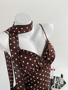 Elamini 2pcs Brown Polka Dot V-Neck Ruffle Hem Cinched Waist Fitted Camisole With Tie Strap For Women, Spring/Summer , Fashion, Commute, Vacation, Retro, Elegant, Sweet, Cute, Date, Minimalist, Versatile - Brown - View 6
