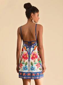 Travachic 女士露背吊带系带迷你连衣裙，色彩缤纷的热带花卉印花 - 彩色 - 查看 2